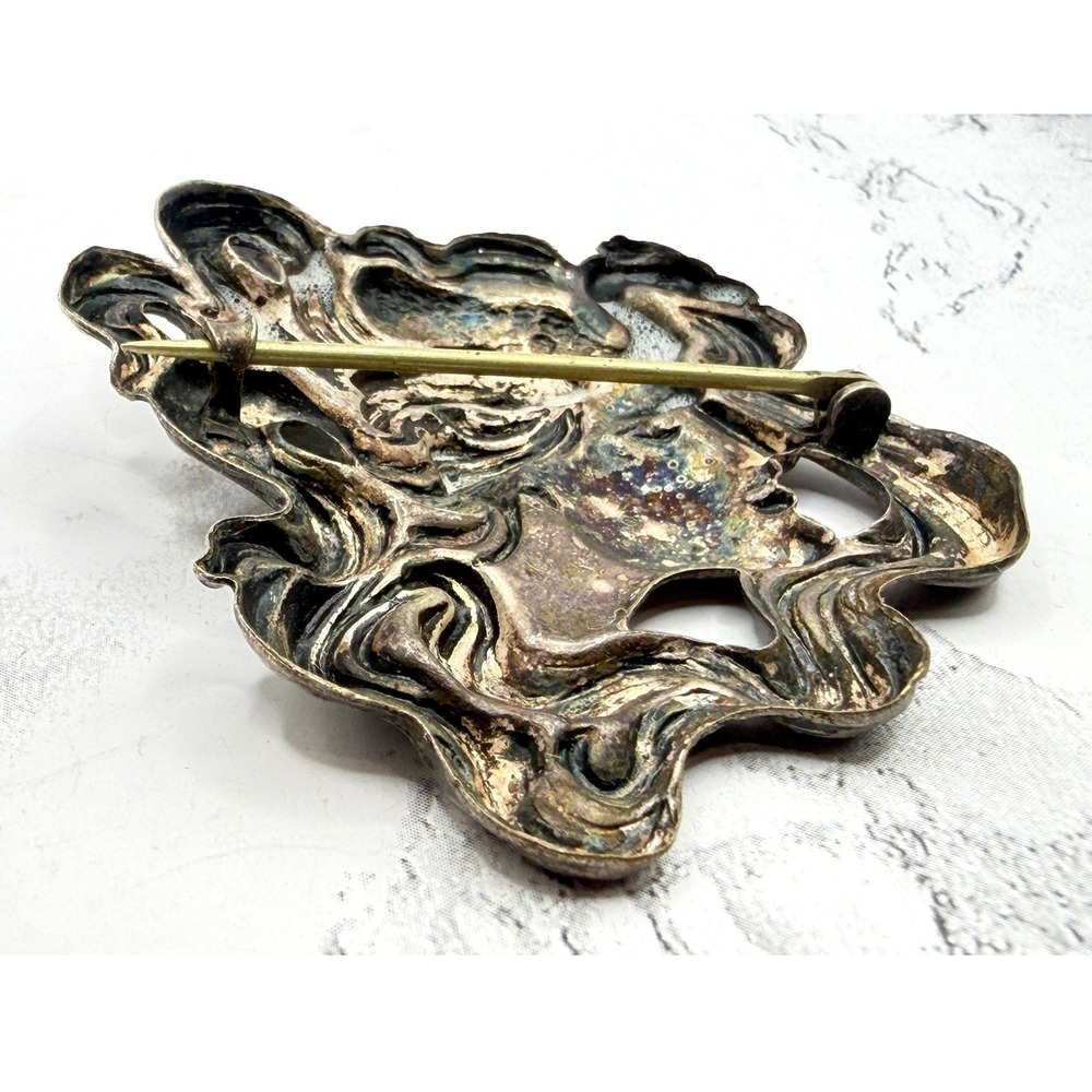 Vintage Figural Woman Face Brooch Bird Hair Art Nouveau Style Sculptural 2.5" - Picture 4 of 6
